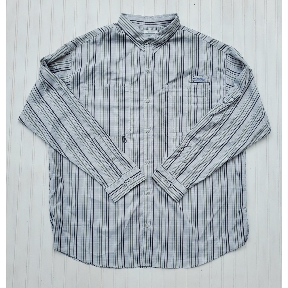 Columbia PFG Mens XXL Long Sleeve Fishing Shirt Striped Grey Green Preformance